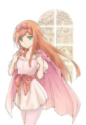  :o bow cape commentary_request dragon_quest dragon_quest_x dress female green_eyes hairband hairbow hirokawa_tomo long_hair looking_at_viewer orange_hair pantyhose photoshop_(medium) pink_cape purple_pantyhose rizerotta_(dq10) sash solo swept_bangs white_dress 