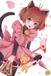  :d absurdres aka_aka animal_ears bell black_dress black_legwear brown_hair card cardcaptor_sakura cat_ears cat_tail collar commentary_request dress female fuuin_no_tsue green_eyes highres kero_(cardcaptor_sakura) kinomoto_sakura kinomoto_sakura_(pink_kitty_costume) looking_at_viewer magical_girl neck_bell open_mouth pantyhose pink_dress playing_card short_hair smile staff symbol-shaped_pupils tail 