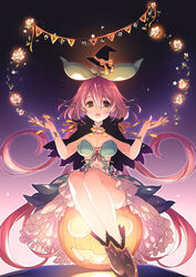  :d black_footwear blush breasts brown_eyes capelet commentary_request english_text female flower gradient_background granblue_fantasy hair_between_eyes halloween happy_halloween hat highres jack-o&#039;-lantern leaf long_hair medium_breasts mizuno_sao monster_girl navel open_mouth pink_hair plant plant_girl shoes sitting smile solo very_long_hair vines witch_hat yggdrasil_(granblue_fantasy) 