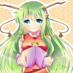  blue_eyes blush breasts commentary_request female green_hair hands_in_opposite_sleeves long_hair looking_at_viewer lowres medium_breasts mushi_baibai original smile solo very_long_hair 