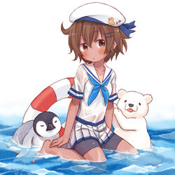  barefoot bear bike_shorts bike_shorts_under_skirt bird blush brown_eyes brown_hair commentary_request dark-skinned_female dark_skin dennou_usagi donald_duck_sailor_hat female grey_shorts hair_ornament hairclip hat innertube original partially_submerged penguin photoshop_(medium) pleated_skirt polar_bear sailor sailor_hat see-through shirt short_hair shorts sitting skirt solo swim_ring wariza water wet wet_clothes wet_shirt 