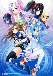  6+girls absurdres adjusting_eyewear bare_shoulders black_hair blonde_hair blue_eyes blue_hair blush book boots brown_hair choujigen_taisen_neptune_vs_sega_hard_girls detached_sleeves full_body glasses green_eyes green_hair hair_between_eyes hair_ornament heterochromia highres if_(neptunia) long_hair looking_at_viewer multicolored_hair multiple_girls neptune_(neptunia) neptune_(series) non-web_source official_art one_eye_closed one_side_up open_mouth pink_hair ponytail purple_eyes purple_hair red_eyes sega_dreamcast_(sega_hard_girls) sega_game_gear_(sega_hard_girls) sega_hard_girls sega_hatsumi sega_mega_drive_(sega_hard_girls) sega_saturn_(sega_hard_girls) skirt smile thighhighs thighs tied_hair tsunako twintails very_long_hair zettai_ryouiki 