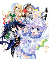  4girls :d absurdres arm_up armlet artbook bare_shoulders black_hair blanc_(neptunia) blonde_hair blue_eyes blush book bow bowtie breasts brown_hair choujigen_action_neptune_u clenched_hand collar collarbone cover cropped d-pad d-pad_hair_ornament detached_collar detached_sleeves dress frilled_gloves frilled_hat frills gloves hair_ornament hair_ribbon hat highres holding holding_book hood hooded_track_jacket jacket large_breasts leg_ribbon long_hair medium_breasts multiple_girls neck_ribbon neptune_(neptunia) neptune_(series) noire_(neptunia) official_art one_eye_closed open_mouth purple_eyes purple_hair red_eyes ribbon scan shoes short_hair smile star_(symbol) thighhighs track_jacket tsunako twintails vert_(neptunia) very_long_hair white_background white_dress white_gloves 