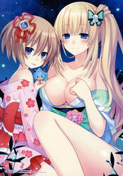  2girls :p absurdres artbook bare_shoulders blanc_(neptunia) blonde_hair blue_eyes blush breasts brown_hair candy chou_megami_shinkou_noire_gekishin_black_heart cleavage floral_print flower food hair_flower hair_ornament highres japanese_clothes kimono kimono_pull large_breasts lollipop long_hair looking_at_viewer multiple_girls neptune_(series) night obi off_shoulder official_art open_mouth sash scan short_hair side_ponytail sky smile star_(sky) starry_sky tongue tongue_out tsunako vert_(neptunia) wide_sleeves yukata 