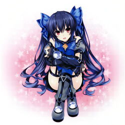  :d absurdres artbook bare_shoulders black_hair blush boots bow chou_megami_shinkou_noire_gekishin_black_heart cropped crossed_legs detached_sleeves female garter_straps grey_footwear hair_ribbon highres long_hair looking_at_viewer manamitsu neptune_(series) noire_(neptunia) official_art open_mouth red_eyes ribbon scan sitting skirt smile solo star_(symbol) thighhighs twintails very_long_hair 