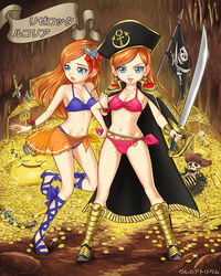  2girls belly_chain bikini blue_bikini blue_eyes butterfly_hair_ornament coin commentary_request cross-laced_footwear dragon_quest dragon_quest_x earrings flag full_body gold hair_ornament hat jewelry long_hair looking_at_viewer looking_back multiple_girls navel orange_hair pink_bikini pirate pirate_hat rizerotta_(dq10) rukoria_(dq10) sarong skeleton skull_and_crossbones sleeping standing swept_bangs swimsuit sword treasure treasure_chest ur_(wulfa) weapon 