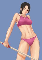  black_eyes brown_hair female javelin navel ponytail simple_background solo standing tomoshiki 