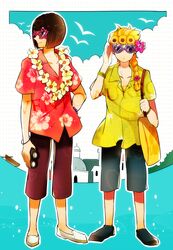  2boys bad_id bad_pixiv_id black_hair blonde_hair bruno_bucciarati casual flower flower_necklace giorno_giovanna jewelry jojo_no_kimyou_na_bouken lei multiple_boys necklace summer sunglasses vento_aureo xxxceller 