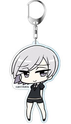  1other androgynous arms_behind_back black_footwear black_necktie chan_co chibi gem_uniform_(houseki_no_kuni) goshenite_(houseki_no_kuni) grey_eyes grey_hair houseki_no_kuni lowres luster necktie other_focus promotional_art shirt short_hair short_sleeves shorts smile solo uniform white_shirt 