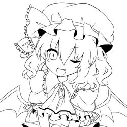  ;d bat_wings commentary_request female greyscale hair_ribbon hat jewelry line_art looking_at_viewer monochrome mushi_baibai oerba_yun_fang one_eye_closed open_mouth puffy_sleeves remilia_scarlet ribbon short_hair short_sleeves smile solo touhou upper_body wings 