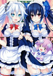  2girls :d absurdres alternate_costume apron aqua_eyes artbook bench black_dress black_hair black_heart_(neptunia) blue_bow blue_neckwear blue_ribbon blush blush_stickers bow bowtie breasts bright_pupils buttons center_frills character_doll chou_megami_shinkou_noire_gekishin_black_heart cleavage clothes_lift cowboy_shot curtains d-pad d-pad_hair_ornament day detached_collar dress dress_lift dual_persona emblem enmaided flower frilled_apron frilled_dress frilled_legwear frills garter_straps hair_between_eyes hair_ornament hair_ribbon happy highres indoors lifting_own_clothes long_hair looking_at_viewer maid maid_apron maid_headdress medium_breasts multiple_girls neptune_(neptunia) neptune_(series) noire_(neptunia) o_o official_art open_mouth power_symbol power_symbol-shaped_pupils puffy_short_sleeves puffy_sleeves red_bow red_bowtie red_eyes restaurant ribbon scan short_dress short_sleeves sidelocks sign smile standing sunlight surprised symbol-shaped_pupils thigh_gap thighhighs tsunako twintails very_long_hair waist_apron white_apron white_hair white_thighhighs zettai_ryouiki 