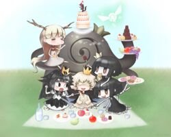  1boy 4girls :d :t =_= antlers apple apple_rabbit bandages black_dress black_hair blanc_(rose_to_tasogare_no_kojou) blind_prince blonde_hair blush brown_eyes cake cape cheek_bulge chibi clenched_hand closed_mouth commentary_request company_connection creator_connection crossover crown cup cupcake day doily doughnut dress eating eighth_note food food_art food_on_face fork fruit grapes grass highres holding holding_fork horns hotaru_(htol#niq) htol#niq:_hotaru_no_nikki leaning_forward liar_princess long_hair mini_crown mion_(htol#niq) mouth_hold multiple_girls musical_note nippon_ichi open_mouth outdoors outstretched_arm pale_skin pear picnic plate rose_(rose_to_tasogare_no_kojou) rose_to_tasogare_no_kojou sharp_teeth shizuraku short_hair sitting smile standing standing_on_one_leg strawberry teeth titan_(rose_to_tasogare_no_kojou) tray usotsuki_hime_to_moumoku_ouji very_long_hair white_dress 