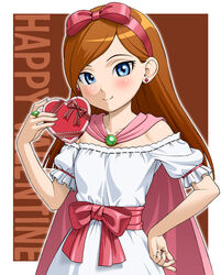  bare_shoulders blue_eyes blush bow box cape commentary_request dragon_quest dragon_quest_x dress earrings female hairband hand_on_own_hip heart-shaped_box ichikawa_masahiro jewelry long_hair looking_at_viewer orange_hair pink_bow pink_cape ring rizerotta_(dq10) sash smile solo upper_body valentine white_dress 