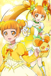  2girls :d bow brooch choker commentary_request cure_rosetta dokidoki!_precure double_bun dual_persona green_choker hair_bun heart heart_brooch jewelry kakiuchi_itsuki multiple_girls open_mouth orange_eyes orange_hair precure rance_(dokidoki!_precure) smile twintails waist_bow yotsuba_alice 