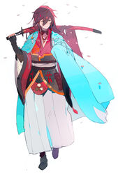  1boy bad_id bad_pixiv_id black_hair blue_eyes braid closed_mouth eyes_visible_through_hair full_body hakama hakama_skirt haori highres izumi-no-kami_kanesada japanese_clothes katana looking_to_the_side male_focus over_shoulder petals side_braid simple_background skirt smile solo sword sword_over_shoulder touken_ranbu uichi walking weapon weapon_over_shoulder white_background wind 