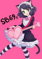  :d animal_ears bad_id bad_pixiv_id bell black_hair blush bow cat_ears cat_girl cat_tail curly_hair cyan_(show_by_rock!!) dress female frilled_dress frills guitar hair_ornament happy heart_guitar hukasikasi instrument jingle_bell looking_at_viewer open_mouth pink_background pink_bow show_by_rock!! simple_background smile solo standing strawberry_heart_(show_by_rock!!) striped_clothes striped_thighhighs tail thighhighs thighs 