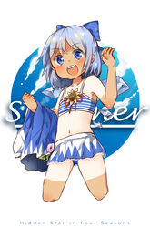  bikini bikini_top_only blue_bow blue_dress blue_eyes blue_hair blush bow cirno commentary copyright_name dress english_commentary english_text female flower hair_ribbon hairbow hidden_star_in_four_seasons highres ice ice_wings looking_at_viewer midriff navel open_mouth photoshop_(medium) plug_(feng-yushu) ribbon round_teeth short_hair smile solo striped_bikini striped_clothes sunflower swimsuit tan tanlines tanned_cirno teeth touhou unworn_dress wings 