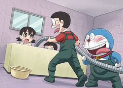  2boys @_@ asymmetrical_bangs bare_shoulders basket bath bathing bathroom bathtub bell black_eyes black_hair blush boots ceiling collar collared_shirt commentary_request d: dekisugi_hidetoshi doraemon doraemon_(character) dutch_angle female floor foot_out_of_frame fujiko_f_fujio_(style) full_body gachon_jirou glasses green_footwear hair_between_eyes holding holding_hose hose indoors low_twintails minamoto_shizuka mixed-sex_bathing multiple_boys neck_bell nobi_nobita open_mouth overalls parted_bangs pocket polo_shirt rape_face red_shirt robot scared shared_bathing shirt short_hair short_sleeves standing sweat tears teeth tiles tongue tongue_out twintails upper_teeth_only wall whiskers window 