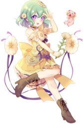  :d absurdres blush boots bow brown_footwear commentary_request detached_sleeves dress female flower full_body green_hair hair_flower hair_ornament hand_up highres looking_at_viewer magical_daisy mahou_shoujo_ikusei_keikaku open_mouth puffy_short_sleeves puffy_sleeves purple_bow purple_eyes short_hair short_sleeves smile transparent_background yellow_dress yunare 