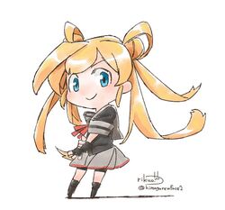  abukuma_(kancolle) abukuma_kai_ni_(kancolle) black_gloves black_serafuku black_shirt blue_eyes chibi closed_mouth commentary_request double_bun eyebrows female fingerless_gloves full_body gloves grey_sailor_collar grey_skirt hair_bun hair_rings kantai_collection legs_apart long_hair miniskirt no_nose orange_hair pleated_skirt red_ribbon ribbon rikuo_(whace) sailor_collar school_uniform serafuku shirt short_sleeves signature simple_background skirt smile solo standing twintails twitter_username white_background 