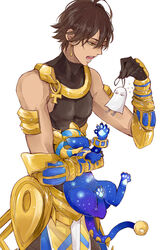  1boy :o animal ankh bare_shoulders black_gloves bracer brown_eyes brown_hair commentary_request dark-skinned_male dark_skin earrings egyptian egyptian_clothes fate/grand_order fate_(series) gloves gold_trim holding holding_animal jewelry looking_to_the_side male_focus medjed_(fate) occhiali ozymandias_(fate) simple_background sphinx_awlad standing white_background 