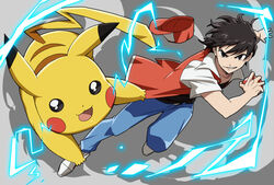  1boy :3 :d anniversary bad_id bad_pixiv_id baseball_cap belt black_hair commentary_request denim electricity hat holding holding_poke_ball jeans koitsu_(blue) looking_at_viewer open_mouth pants pikachu pointy_ears poke_ball poke_ball_(basic) pokemon pokemon_(creature) red_(pokemon) short_hair short_sleeves smile tail unworn_hat unworn_headwear 