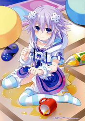  absurdres artbook bean_bag_chair blush bottle chou_megami_shinkou_noire_gekishin_black_heart controller cup d-pad d-pad_hair_ornament female full_body game_controller gamepad hair_ornament highres juice looking_at_viewer mug neptune_(neptunia) neptune_(series) no_shoes official_art purple_eyes purple_hair scan short_hair sitting skirt solo spill striped_clothes striped_thighhighs suggestive_fluid tearing_up tears thighhighs tsunako wariza 