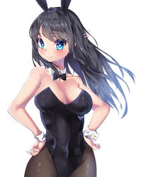  animal_ears black_bow black_bowtie black_hair black_leotard black_pantyhose blue_eyes bow bowtie breasts cleavage commentary_request detached_collar fake_animal_ears female hands_on_own_hips highres large_breasts leotard long_hair looking_at_viewer nasubi_(nasubi555) pantyhose playboy_bunny rabbit_ears sakurajima_mai seishun_buta_yarou simple_background smile solo strapless strapless_leotard white_background wrist_cuffs 