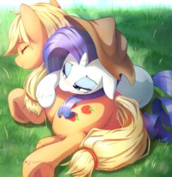  2014 applejack_(mlp) aymint bedroom_eyes blonde_hair blue_eyes closed_eyes clothing cuddling cutie_mark duo earth_pony equid equine female feral freckles friendship_is_magic hair half-closed_eyes hasbro hat headgear headwear hooves horn horse long_hair mammal my_little_pony mythological_creature mythological_equine mythology narrowed_eyes outside pony purple_hair rarity_(mlp) seductive smile underhoof unicorn 