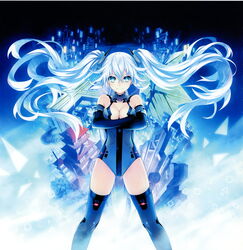  &gt;:) absurdres aqua_eyes artbook bare_shoulders black_gloves black_heart_(neptunia) breasts building chou_megami_shinkou_noire_gekishin_black_heart circle cityscape cleavage cleavage_cutout clothing_cutout cropped crossed_arms elbow_gloves female floating_hair gloves glowing grey_thighhighs gunbuster_pose hair_between_eyes halterneck highres legs_apart leotard light_particles light_smile long_hair looking_at_viewer magical_girl manamitsu medium_breasts neptune_(series) official_art power_symbol power_symbol-shaped_pupils scan skyscraper smile solo square standing symbol-shaped_pupils thighhighs triangle turtleneck twintails v-shaped_eyebrows very_long_hair white_hair 