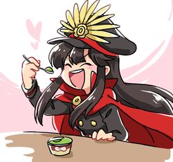  :d black_hair cape closed_eyes commentary eating fate_(series) female food hanjuku_tomato hat ice_cream koha-ace long_hair military military_uniform oda_nobunaga_(fate) oda_nobunaga_(koha-ace) open_mouth shako_cap smile solo spoon uniform 