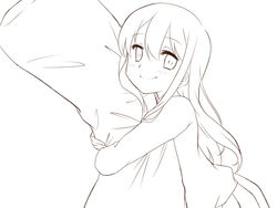  blush commentary_request dakimakura_(object) female line_art long_hair looking_at_viewer love_lab_(manga) maki_natsuo monochrome mushi_baibai pillow school_uniform smile solo 