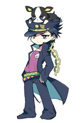  1boy animal animal_on_head bad_id bad_pixiv_id black_hair blue_eyes boston_terrier canine chains chibi commentary_request dog_on_head gakuran hat iggy_(jojo) jojo_no_kimyou_na_bouken kujo_jotaro long_coat male_focus on_head school_uniform simple_background solo terrier_(dog) white_background yuzuru_(xxelysionxx) 