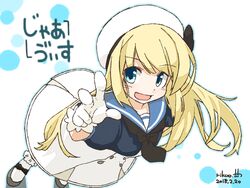  :d beret black_bow black_neckerchief blonde_hair blue_eyes blue_sailor_collar bow buttons commentary_request dated dress female from_above gloves grey_footwear hair_between_eyes hat jervis_(kancolle) kantai_collection legs_apart long_hair neckerchief open_mouth rikuo_(whace) sailor_collar shoes signature smile socks solo standing straight_hair swept_bangs white_dress white_gloves white_hat white_socks 