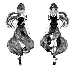  animal_print armband bell dress feather_boa female greyscale high_heels jewelry leopard_print lips long_hair mew_(vocaloid) monochrome multiple_views necklace official_art ootani_ryuuji sunglasses tattoo turnaround vocaloid 