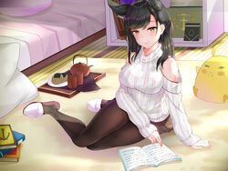  :&gt; animal_ear_fluff animal_ears arm_support atago_(azur_lane) azur_lane bare_shoulders bed bedroom bird black_hair black_pantyhose black_skirt book breasts carpet chick closed_mouth clothing_cutout commentary_request cup female food highres indoors kasoke_no_tsubasa large_breasts logo long_hair long_sleeves looking_at_viewer manjuu_(azur_lane) miniskirt mole mole_under_eye open_book pantyhose pillow plate pleated_skirt ribbed_sweater shoulder_cutout sitting skirt slippers smile solo stuffed_animal stuffed_toy sweater teapot white_sweater yellow_eyes yokozuwari 