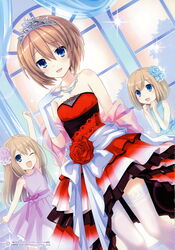  3girls ;d absurdres arm_up artbook bare_shoulders blanc_(neptunia) blue_bow blue_dress blue_eyes blue_flower blue_rose blush bow breasts brown_hair clenched_hands collarbone curtains dress dutch_angle elbow_gloves flower frilled_dress frills gekijigen__blanc_+_neptune_vs_zombie_gundan gloves gradient hair_between_eyes hair_flower hair_ornament hand_on_own_chest hands_up happy highres indoors jewelry lace lace-trimmed_dress lace-trimmed_legwear lace_trim layered_dress lens_flare long_hair looking_at_viewer multiple_girls necklace neptune_(series) official_art one_eye_closed open_mouth petticoat power_symbol purple_bow purple_dress purple_flower purple_rose raised_fist ram_(neptunia) red_dress red_flower red_rose ribbon rom_(neptunia) rose sash scan see-through shawl shiitake_urimo short_hair siblings sisters skirt_hold sky sleeveless sleeveless_dress small_breasts smile sparkle stairs standing strapless strapless_dress thighhighs tiara tree twins white_sash white_thighhighs window zettai_ryouiki 