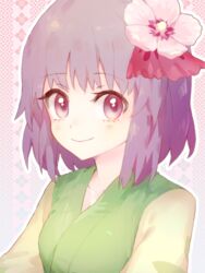  closed_mouth collarbone commentary_request female flower gradient_background green_kimono hair_flower hair_ornament hair_ribbon hieda_no_akyuu japanese_clothes keemoringo kimono leaf_print looking_at_viewer lowres outline purple_eyes purple_hair red_ribbon ribbon short_hair smile solo tareme touhou upper_body white_outline 