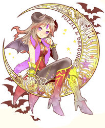  art_nouveau bat_(animal) blush brown_hair cherry2317 commentary_request copyright_name crescent feather_boa female horns looking_at_viewer on_crescent pantyhose purple_eyes puzzle_&amp;_dragons red_hair sitting smile solo wicked_lady_(p&amp;d) wings 