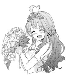  :d ahoge bad_id bad_pixiv_id bare_shoulders blush bouquet commentary_request crown diadem double_bun dress elbow_gloves female flower furo_(harirate) gloves greyscale hair_bun hair_ornament heart heart_ahoge jewelry kantai_collection kongou_(kancolle) long_hair monochrome necklace open_mouth smile solo strapless strapless_dress wedding_dress 