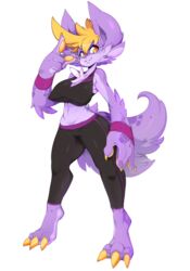  alpha_channel amber_eyes anthro athletic_wear azalea blonde_hair bottomwear breasts chest_tuft clothed clothing female fur hair hi_res hyena mammal nipple_outline pants purple_body purple_fur shirt simple_background slugbox solo spotted_hyena tank_top topwear transparent_background tuft wristband yoga_pants 