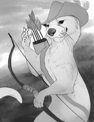  archer arrow_(weapon) bow_(weapon) clothing feral greyscale hat headgear headwear holding_object holding_weapon looking_at_viewer male mammal membrane_(anatomy) monochrome mudge mustelid otter quiver_(object) ranged_weapon rhyu solo spellsinger weapon webbed_hands 