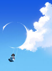  absurdres black_hair blue_background blue_shirt blue_sky closed_eyes cloud cloud_focus commentary day english_commentary female hairband highres idolmaster idolmaster_cinderella_girls outdoors photoshop_(medium) rheez sagisawa_fumika shirt short_hair sky solo swing swinging symbolism 