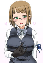  blue_ribbon blush breasts brown_hair commentary_request dungeon_ni_deai_wo_motomeru_no_wa_machigatteiru_darou_ka eina_tulle elf female glasses gloves green_eyes heart hijiri_tsukasa large_breasts looking_at_viewer open_mouth parody pointy_ears rei_no_himo ribbon short_hair simple_background solo 