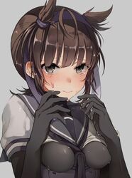  bad_id bad_twitter_id between_breasts black_eyes bodysuit bodysuit_under_clothes breasts brown_hair crying crying_with_eyes_open female grey_background hair_ribbon hairband hatsuzuki_(kancolle) kantai_collection looking_at_viewer oniku_(oishii_oniku) ribbon sailor_collar simple_background skin_tight small_breasts solo tears upper_body 