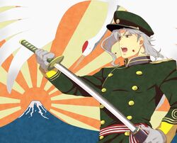  1boy commentary_request earrings gloves grey_hair hat jewelry jojo_no_kimyou_na_bouken kakyoin_noriaki katana mai0124 male_focus military military_hat military_uniform mount_fuji rising_sun_flag solo stardust_crusaders sunburst sunburst_background sword uniform weapon 