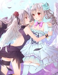  angel_wings bad_id bad_pixiv_id canape_(canape0130) dress drill_hair dual_persona female grey_hair idolmaster idolmaster_cinderella_girls kanzaki_ranko long_hair open_mouth red_eyes rosenburg_engel_(idolmaster) thighhighs twin_drills twintails wings 