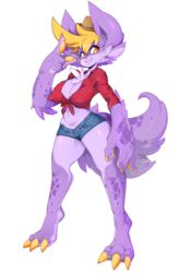  alpha_channel amber_eyes anthro azalea blonde_hair bottomwear breasts chest_tuft clothing female front-tie_top hair hat headgear headwear hi_res hyena mammal nipple_outline shorts simple_background slugbox solo spotted_hyena transparent_background tuft 