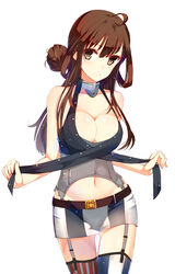  ahoge american_flag_legwear asymmetrical_legwear breasts brown_eyes brown_hair cleavage commentary cosplay female front-tie_top garter_straps gin00 gloves highres iowa_(kancolle) iowa_(kancolle)_(cosplay) kantai_collection kongou_(kancolle) large_breasts long_hair miniskirt mismatched_legwear navel shiny_skin skindentation skirt smile solo standing stomach thigh_gap thighhighs uniform zettai_ryouiki 