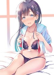  bad_id bad_twitter_id bed_sheet black_bra black_hair black_panties blunt_bangs blush bra braid breasts cleavage collarbone female floral_print flower front-hook_bra grey_eyes hair_flower hair_ornament idolmaster idolmaster_cinderella_girls kobayakawa_sae long_hair looking_at_viewer medium_breasts midriff navel neckerchief necktie open_bra open_clothes open_mouth open_shirt panties red_neckerchief school_uniform serafuku sitting smile solo thighs ultone_(neisiss) underwear undone_necktie undressing 